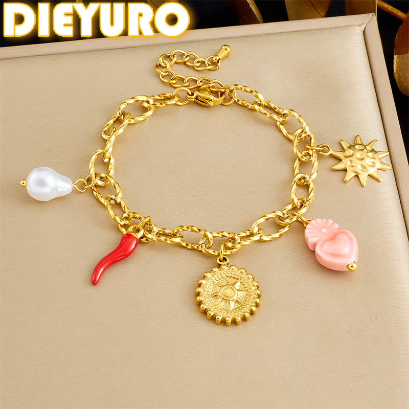 Ceramic Link Bracelet - DIEYURO 316L Paslanmaz Çelik Altın Yuvarlak